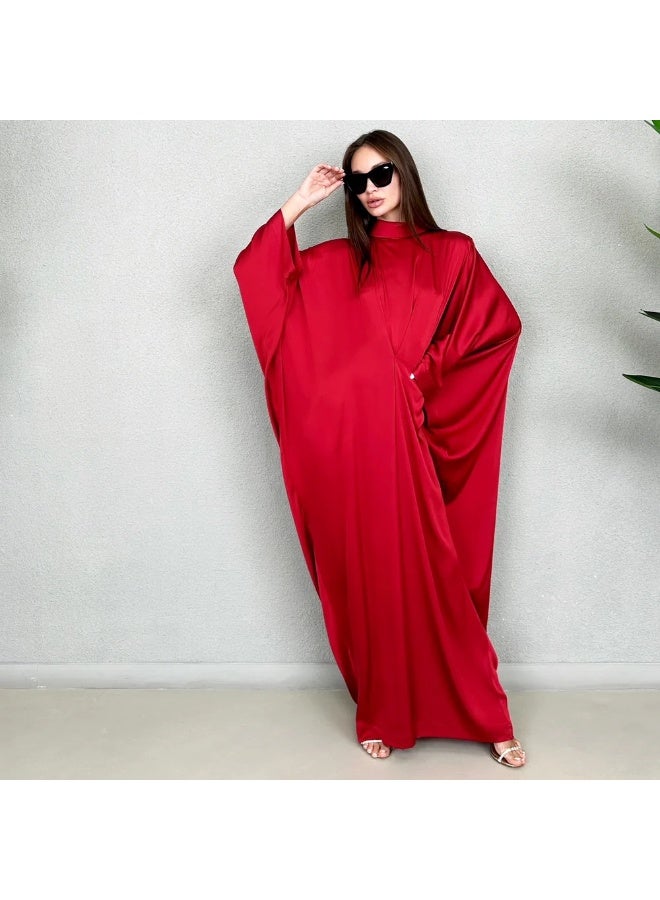 QABEELA RAM23 JAMILA HIGH NECK RED PEPPER SILK SATIN KAFTAN - Image 2